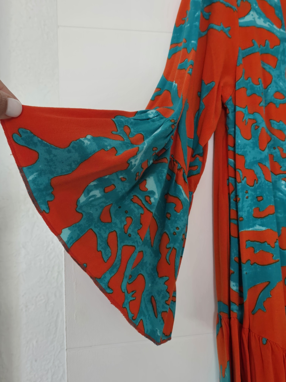 Turkis Otantik Cotton Coral Print Mini Dress Bell Sleeve Orange Turquoise L - Picture 4 of 9